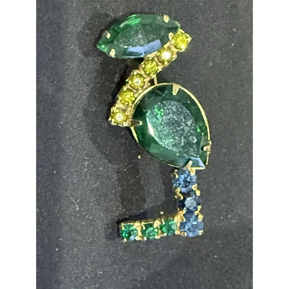 Vintage Style Rhinestone Flamingo Brooch Pin Green Gold Blue